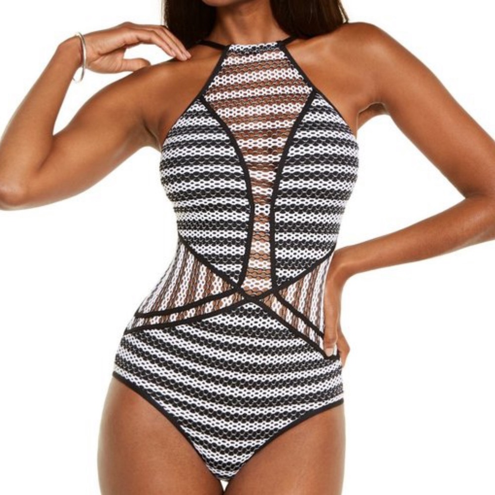 Becca Reveal High Neck Crochet One Piece Swimsuit Bathing Suit Black White XS